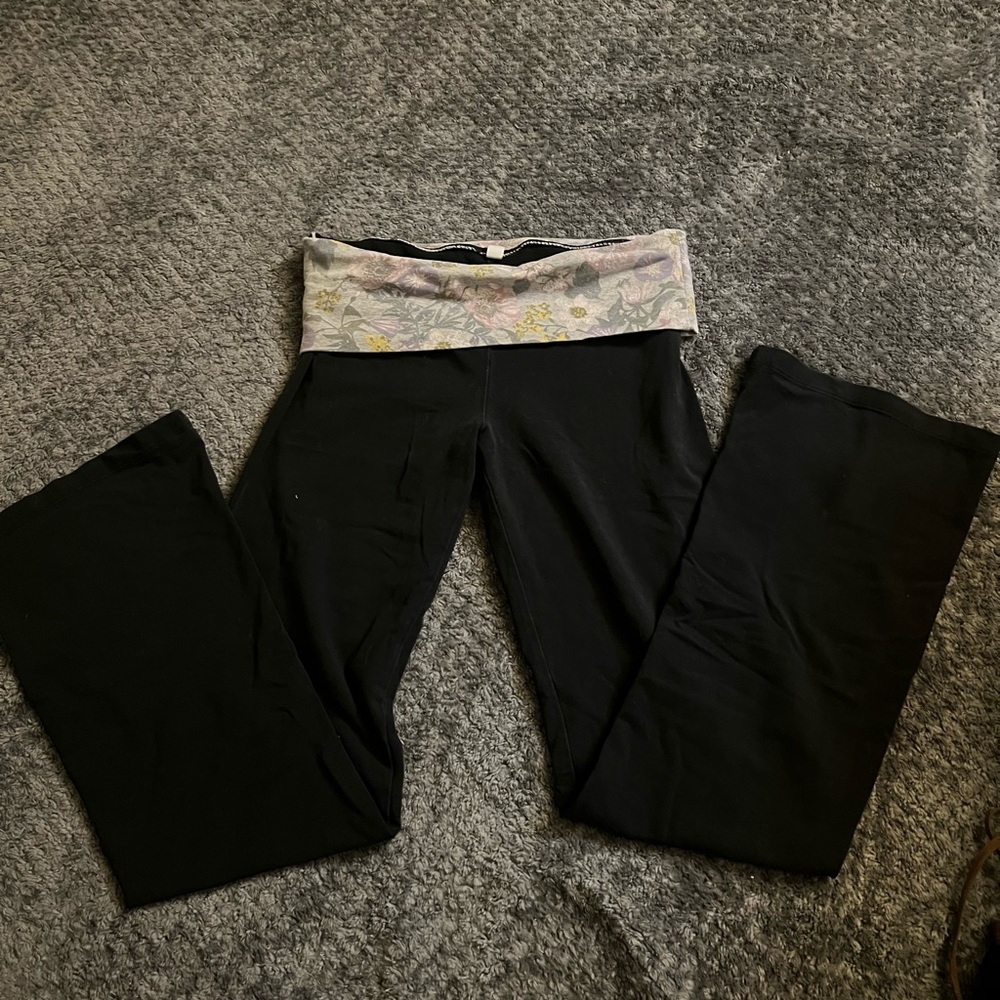 Black Fold Over Yoga Pants with Floral Waistband HOLD